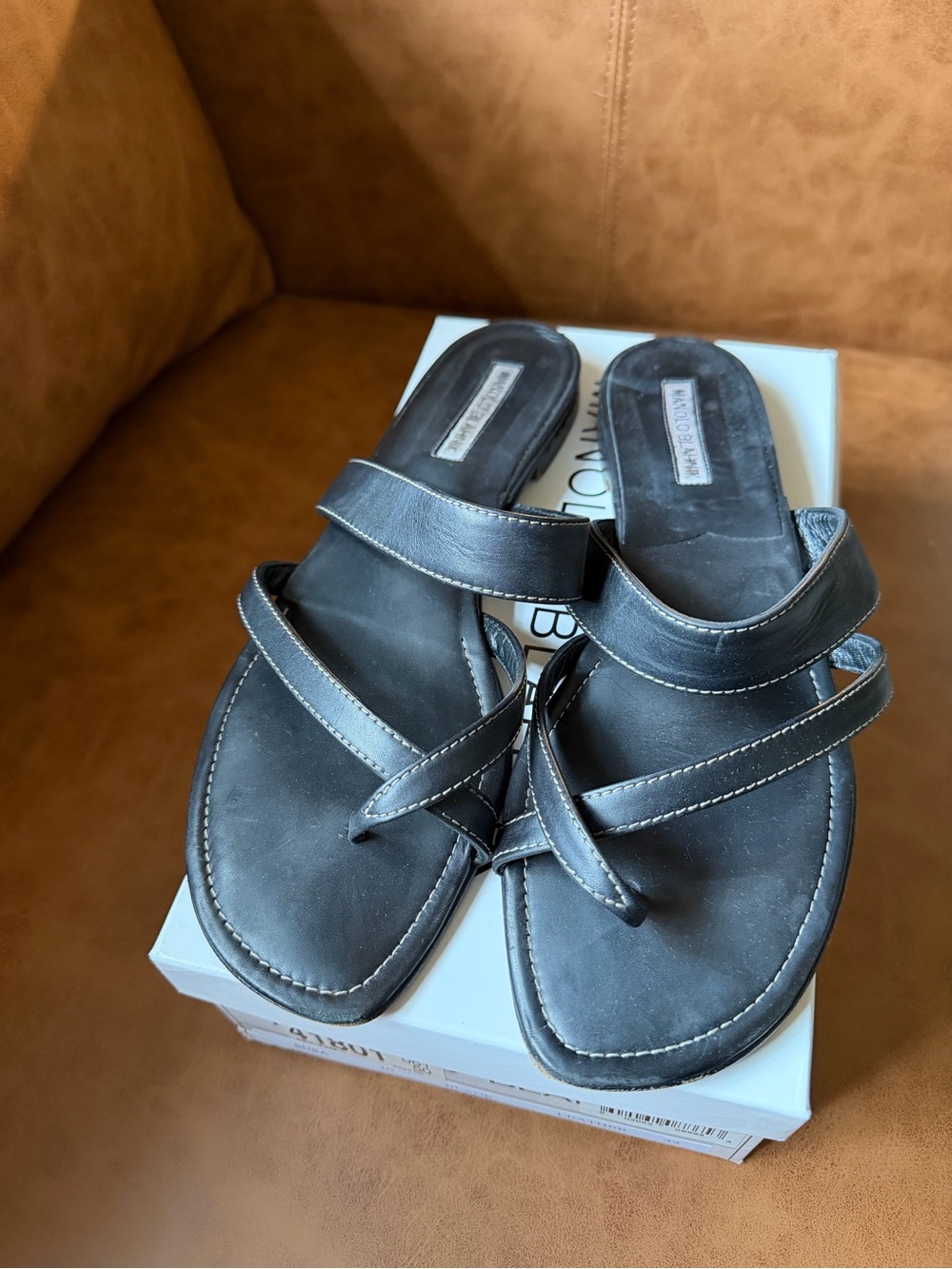 Manolo Blahnik Black Leather Crisscross Strap Women's Sandals